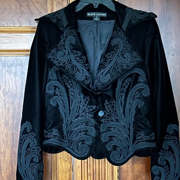 Ralph Lauren Black Label Black Velvet Embroidered Blazer, Size 10 - Picture 15 of 16